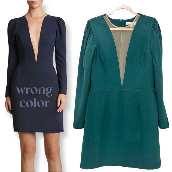 Dress the Population Dresses & Skirts - DRESS THE POPULATION KELLI PLUNGING CREPE SHEATH DRESS PUFF LONG SLEEVES GREEN
